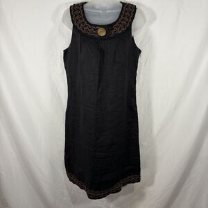 Carole Little Black Linen Dress Size 8 Boho Embroidered Sleeveless Midi Vintage